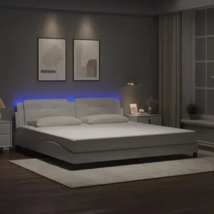 Bedframe met LED-verlichting en multiplex lattenbodem in wit materiaal