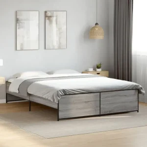 Bedframe met metalen poten en multiplex lattenbodem in grijs sonoma eiken