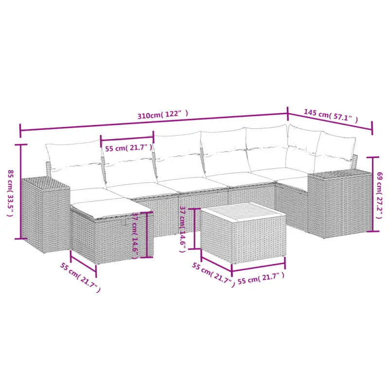 Loungebank met beige materiaal en gepoedercoat staal afmetingen - Afbeelding 5