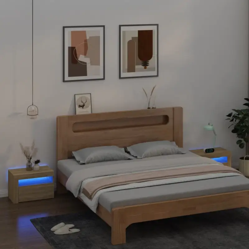 Nachtkastjes met bewerkt hout en RGB LED-verlichting in Sonoma Eiken