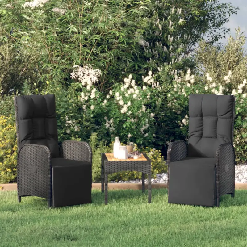 Verstelbare tuinstoelen met tafel van poly rattan en zwart materiaal